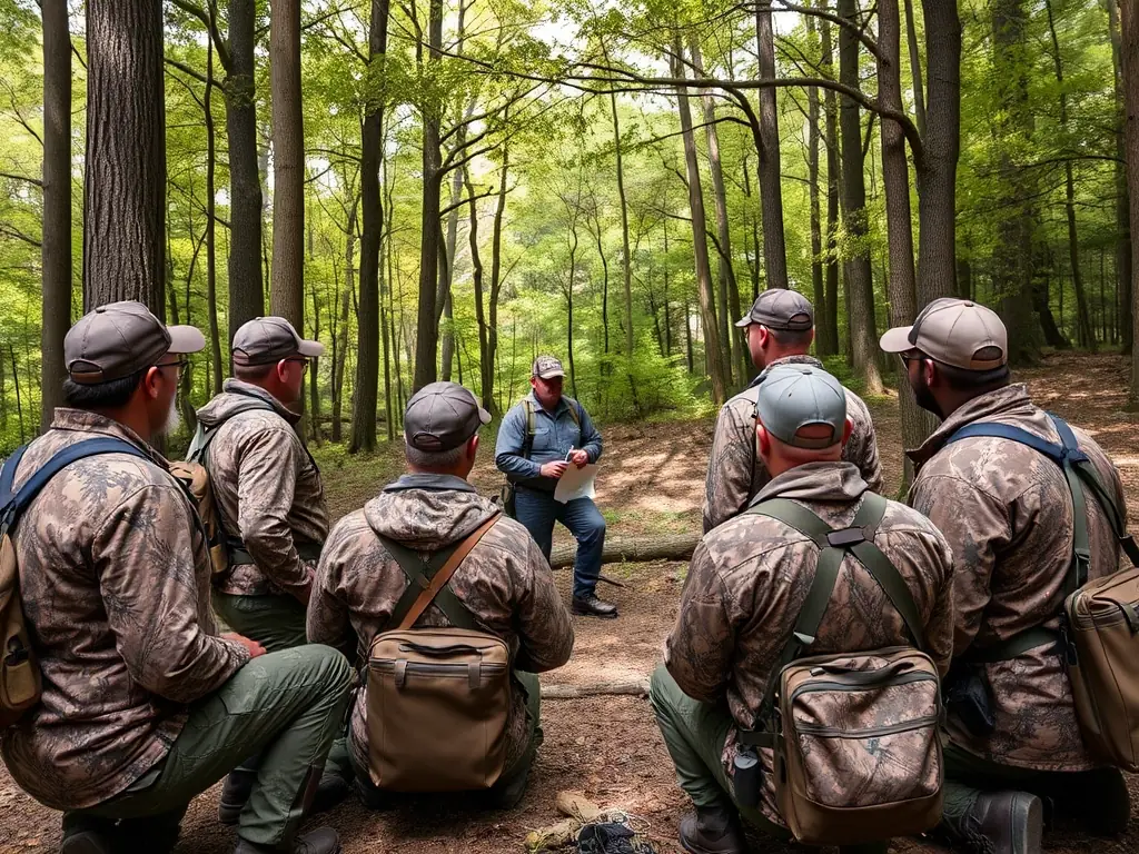 An image depicting a group of hunters participating in a training session on wildlife identification and safe firearm handling, led by experienced instructors from Société de Chasse de Montbrehain.