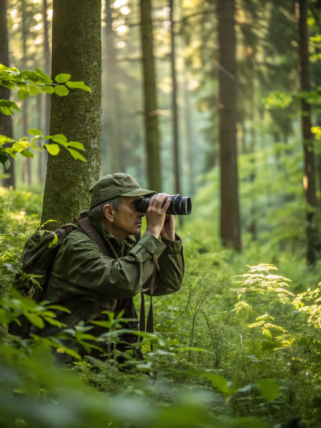 A hunter aiming a rifle in a dense forest, focusing on the thrill and precision of the hunt.