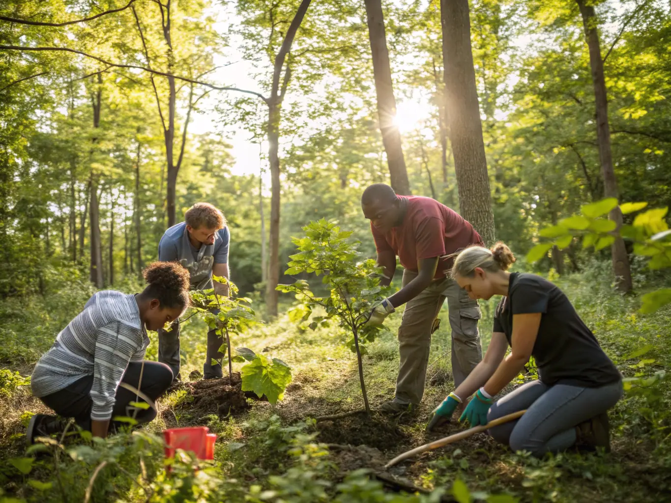 A serene image showcasing members of Société de Chasse de Montbrehain participating in a conservation project, planting trees and restoring habitats in a local forest area.
