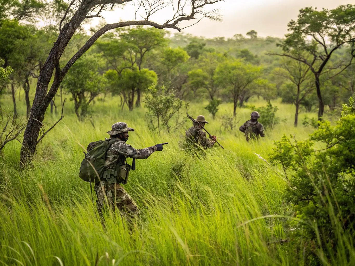 A picturesque landscape featuring hunters in camouflage gear, strategically positioned in a dense forest during a guided hunting expedition organized by Société de Chasse de Montbrehain.