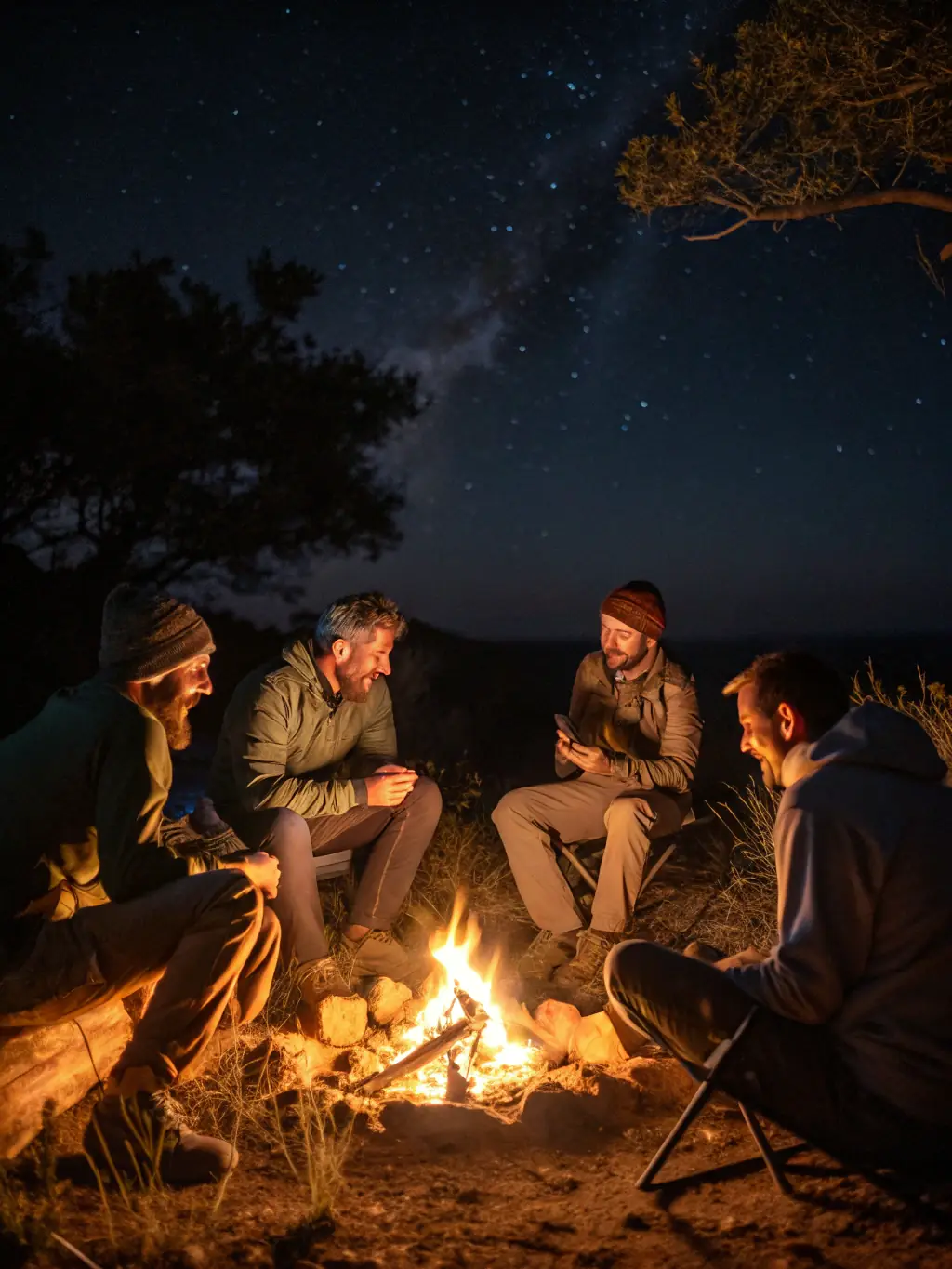 A group of hunters gathered around a campfire, sharing stories and enjoying the camaraderie after a day of hunting.